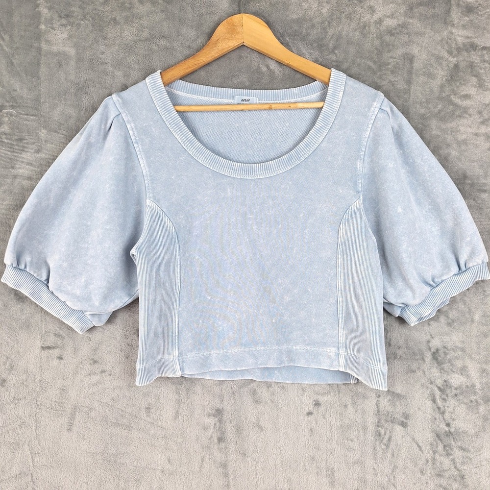 Aerie Top Medium Blue Seams Right Sweatshirt Cropped Puff Sleeve Boxy Ribbed